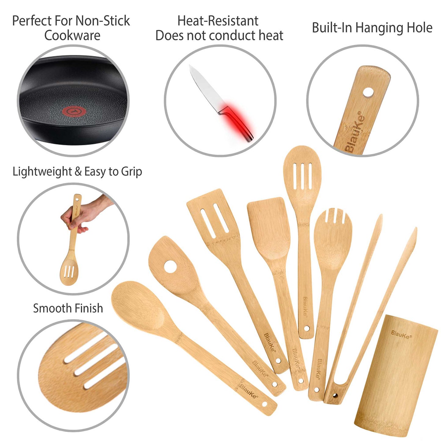 Bamboo Kitchen Utensils Set - Wooden Cooking Utensils 8-Pack
