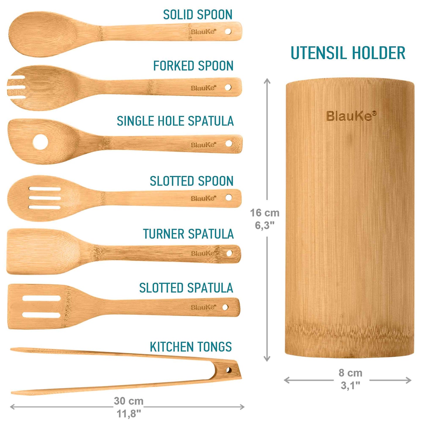Bamboo Kitchen Utensils Set - Wooden Cooking Utensils 8-Pack