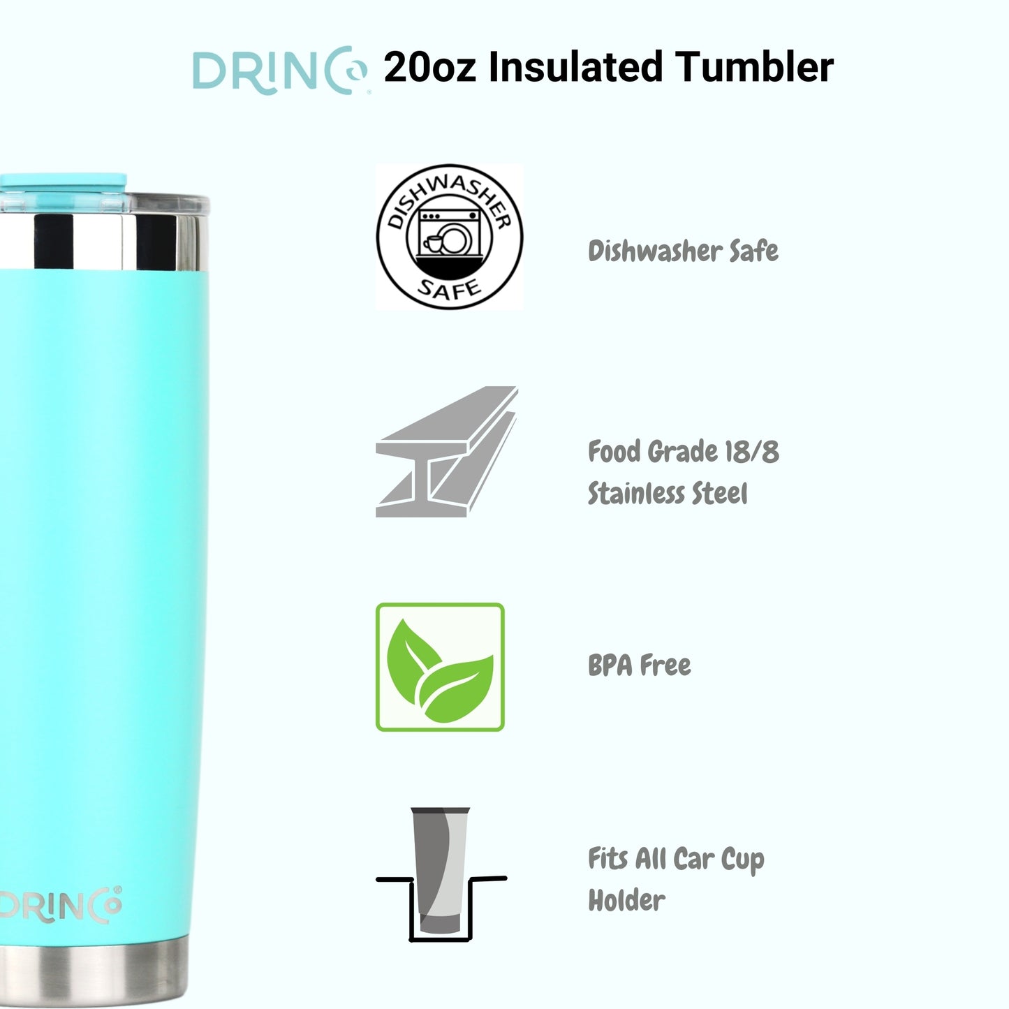 DRINCO® 20oz Insulated Tumbler w/Spill Proof Lid, 2 Straws(Teal)